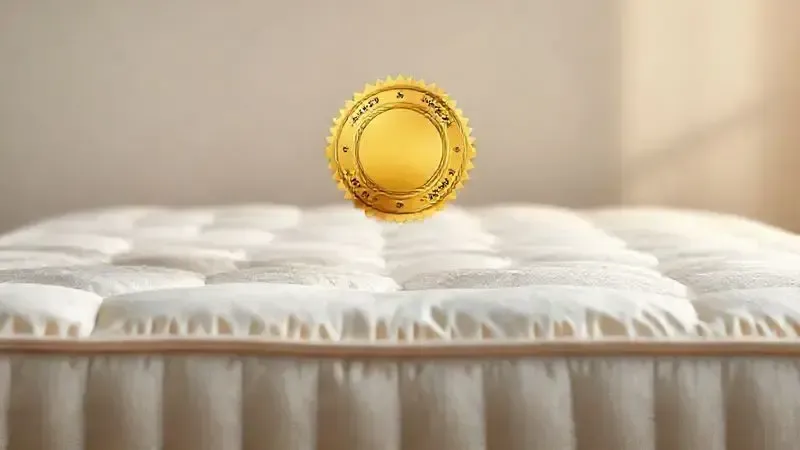 Selo de qualidade dourado conceitual flutuando sobre uma superfície de colchão luxuosa, representando prêmios e certificações.
