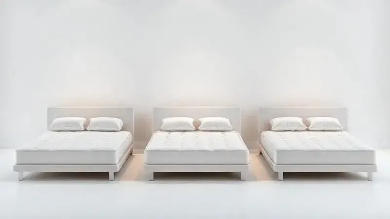Três silhuetas abstratas de colchões lado a lado em diferentes configurações e características visuais