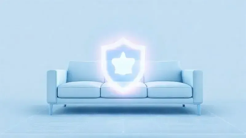 Ilustração 3D conceitual de escudo de confiança sobre planta baixa de sofá, representando segurança da marca.