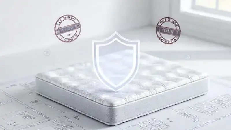 Símbolo de escudo transparente sobre projeto de colchão representando credibilidade e garantia de qualidade