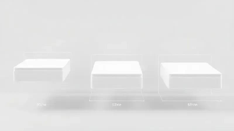 Visualização conceitual 3D comparando diferentes tamanhos de colchões como retângulos translúcidos.