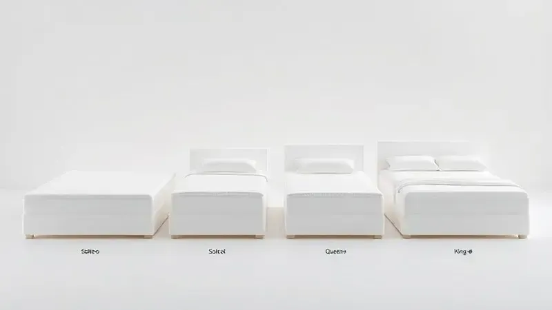 Comparação visual dos diferentes tamanhos de colchões disponíveis: solteiro, casal, queen e king em representação 3D