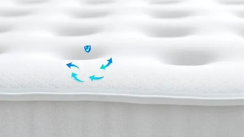 Renderização macro de tecido de colchão, mostrando microventilação e tratamento inteligente respirável e anti-ácaro.