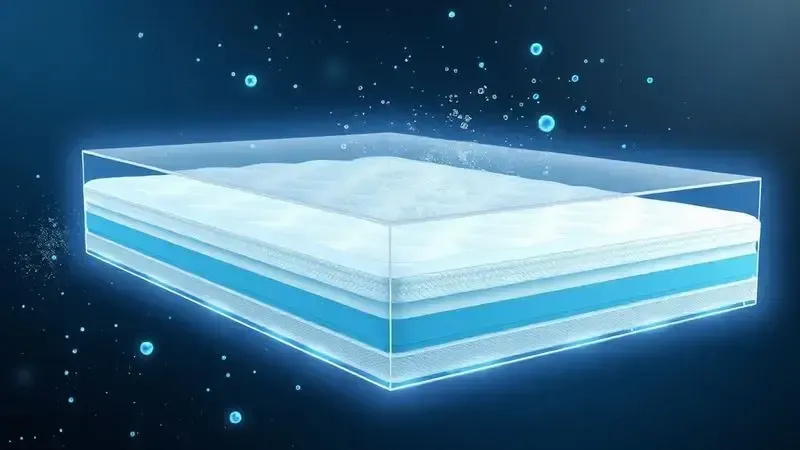 Ilustração conceitual 3D de camadas transparentes de colchão mostrando tecnologias de suporte ergonômico