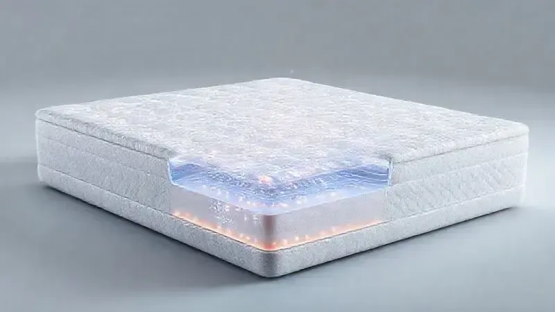 Renderização 3D de um corte transversal de um colchão, mostrando as camadas de espuma e molas ensacadas, representando a tecnologia interna.