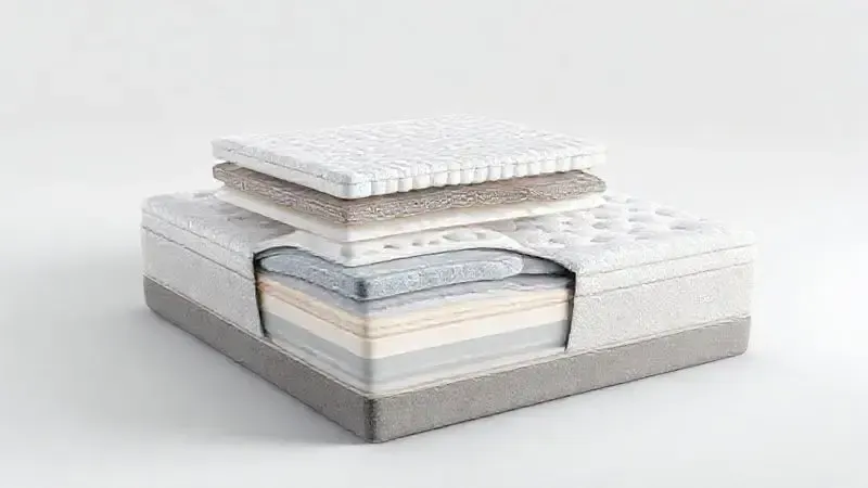 Ilustração conceitual das camadas e tecnologias internas de um colchão moderno em corte transversal
