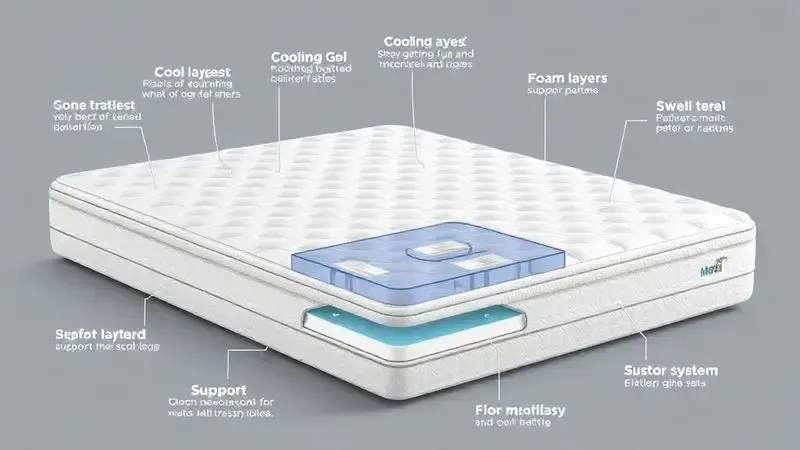Ilustração conceitual das tecnologias avançadas de colchões incluindo camadas e sistemas especiais.