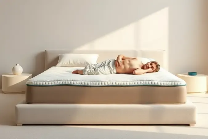 Pessoa avaliando conforto e suporte de um colchão em ambiente moderno e neutro