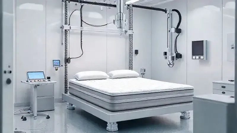 Cena conceitual de testes de laboratório para avaliação de durabilidade de colchão