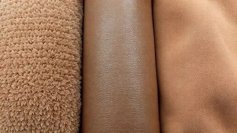 Amostras de revestimento de sofá: couro, veludo e suede, com foco nas texturas e qualidade.