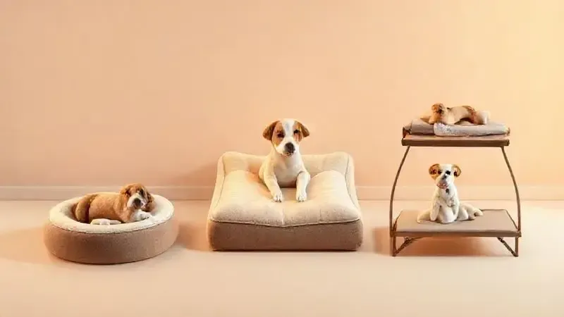 Ilustração conceitual de diferentes tipos de camas de cachorro, como ortopédica, donut e elevada, para atender necessidades variadas.