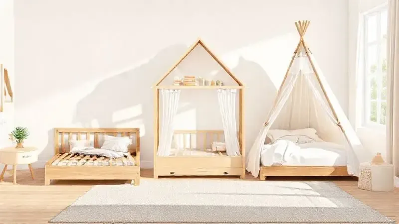 Ilustração conceitual dos diferentes tipos de camas Montessorianas: modelo casinha, cabana e design tradicional.
