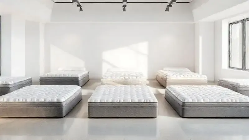 Cena conceitual mostrando diferentes tipos de colchões em ambiente de showroom limpo e bem iluminado