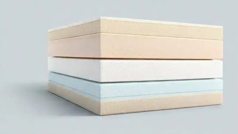 Ilustração das camadas e tipos de espuma em colchão, mostrando densidades diferentes