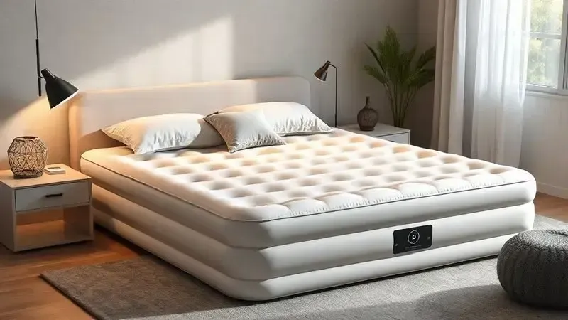Cena de quarto moderno com colchão inflável integrado harmoniosamente na decoração doméstica