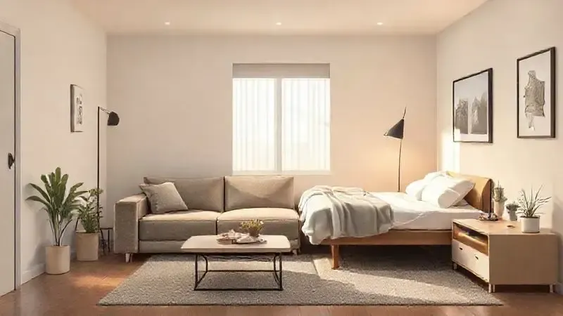 Ilustração digital de um sofá-cama otimizando o espaço em um apartamento pequeno, representando versatilidade.