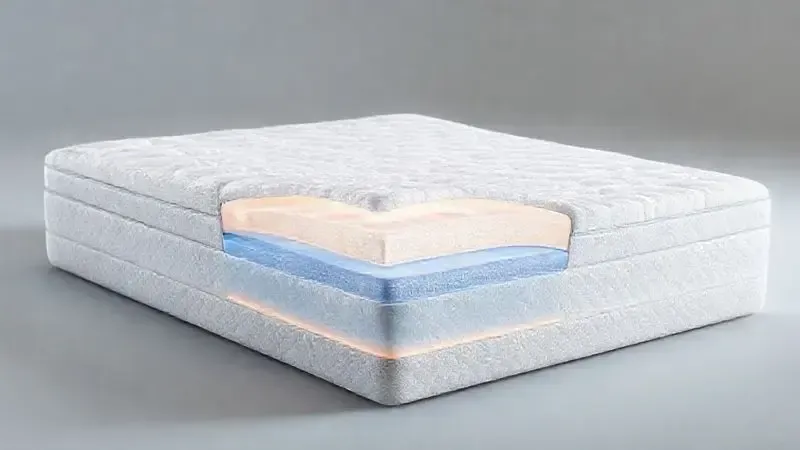 Visualização conceitual em corte de um colchão ortopédico mostrando as diferentes camadas de espuma e materiais em detalhe
