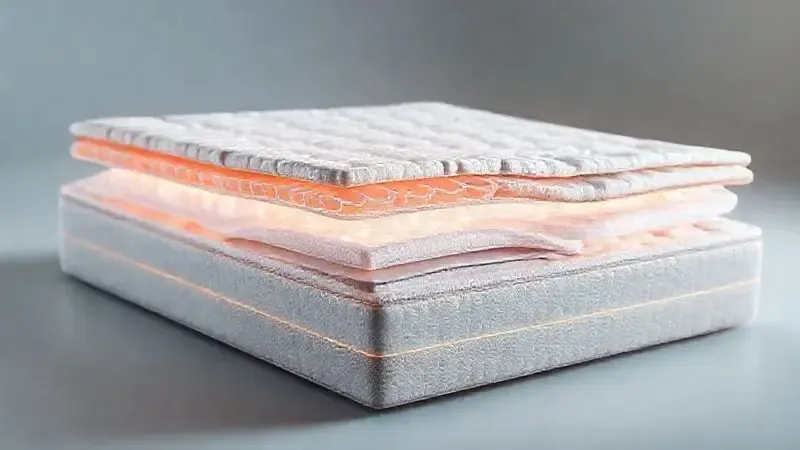 Visualização artística em corte mostrando camadas e tecnologias de um colchão premium