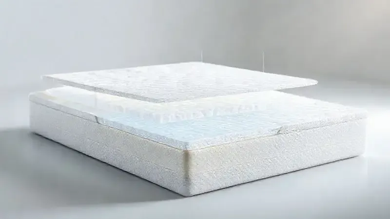 Visualização conceitual das tecnologias do colchão mostrando camadas de espuma e tecido respirável em corte transversal.